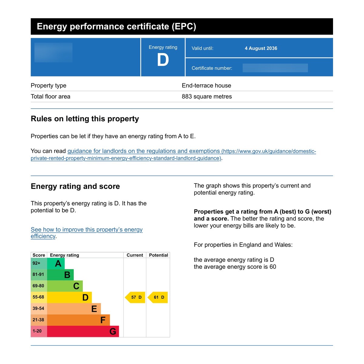 Energy Performance Certificate for a large end-terrace house with a total floor area of 883 square metres, showing an energy rating of D on the A to G rating chart