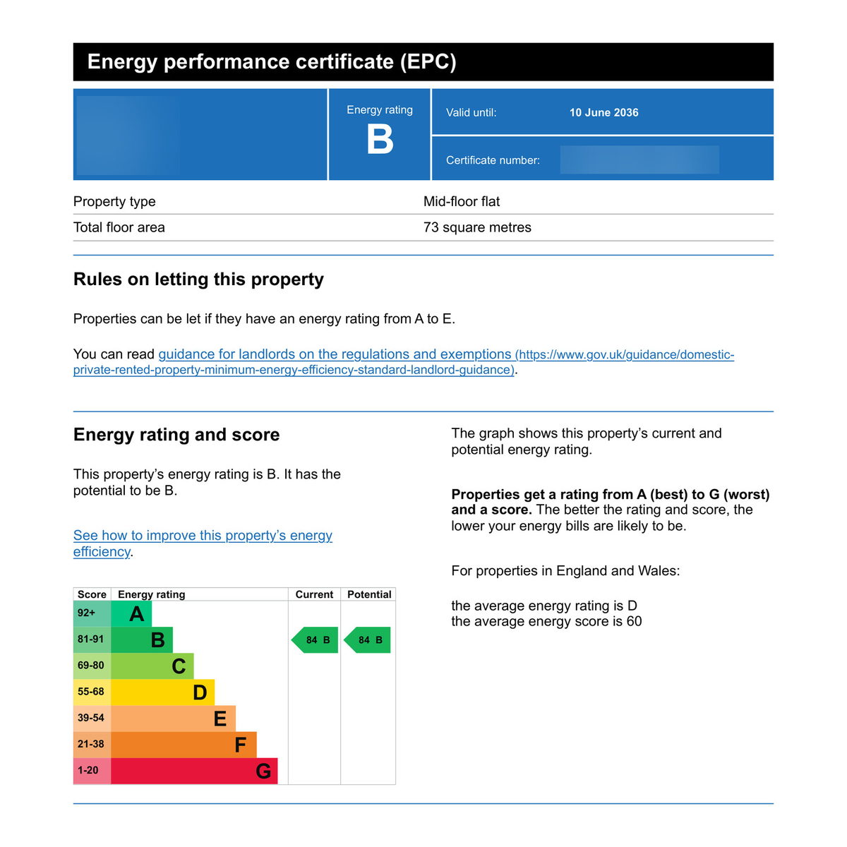Energy Performance Certificate showing an energy rating of B, a total floor area of 73 square metres, and the A to G rating chart