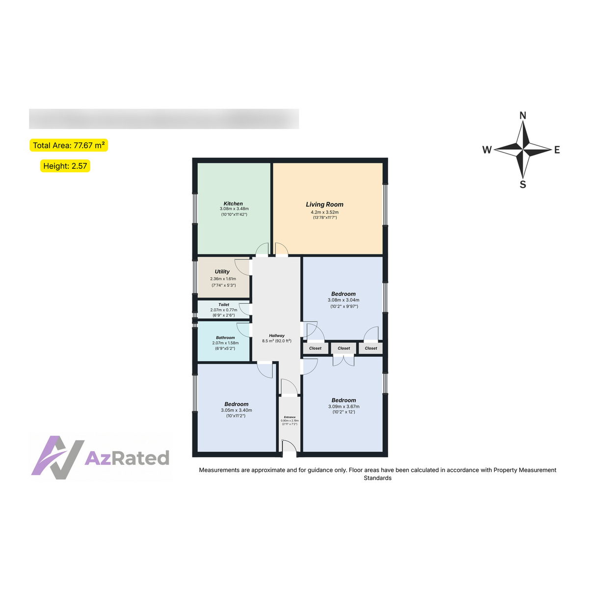 Floor plan of a three-bedroom flat showing room dimensions, a total area of 77.67 square metres, ceiling height, a north arrow and AzRated branding