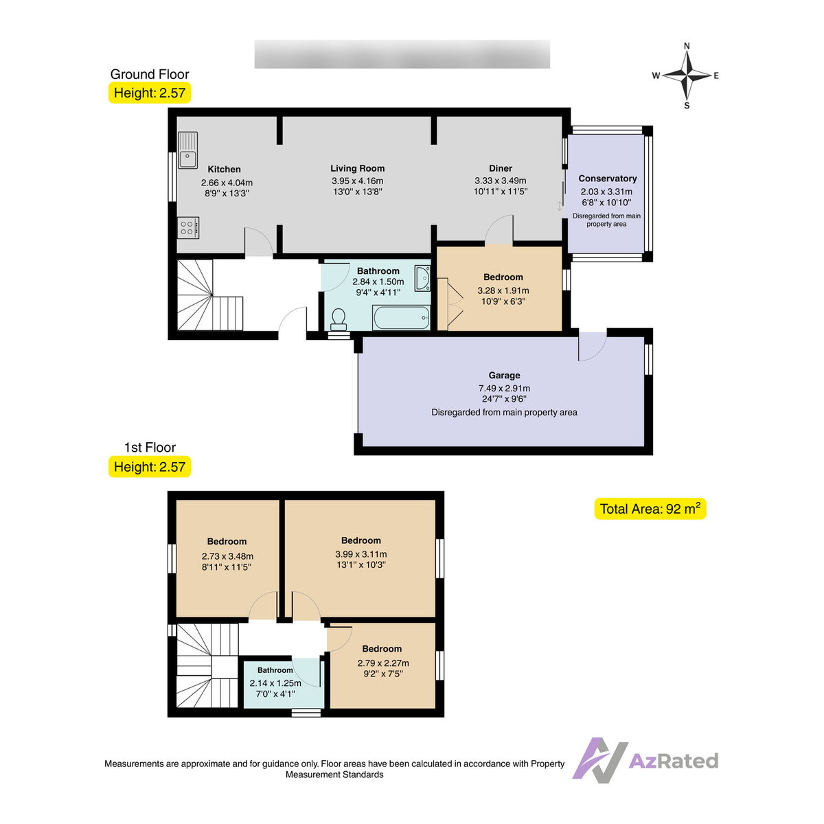 Colour-coded floor plan of a four-bedroom house showing ground and first floor layouts, room dimensions, ceiling heights of 2.57m, a total area of 92 square metres, a conservatory, an integral garage, a compass and AzRated branding