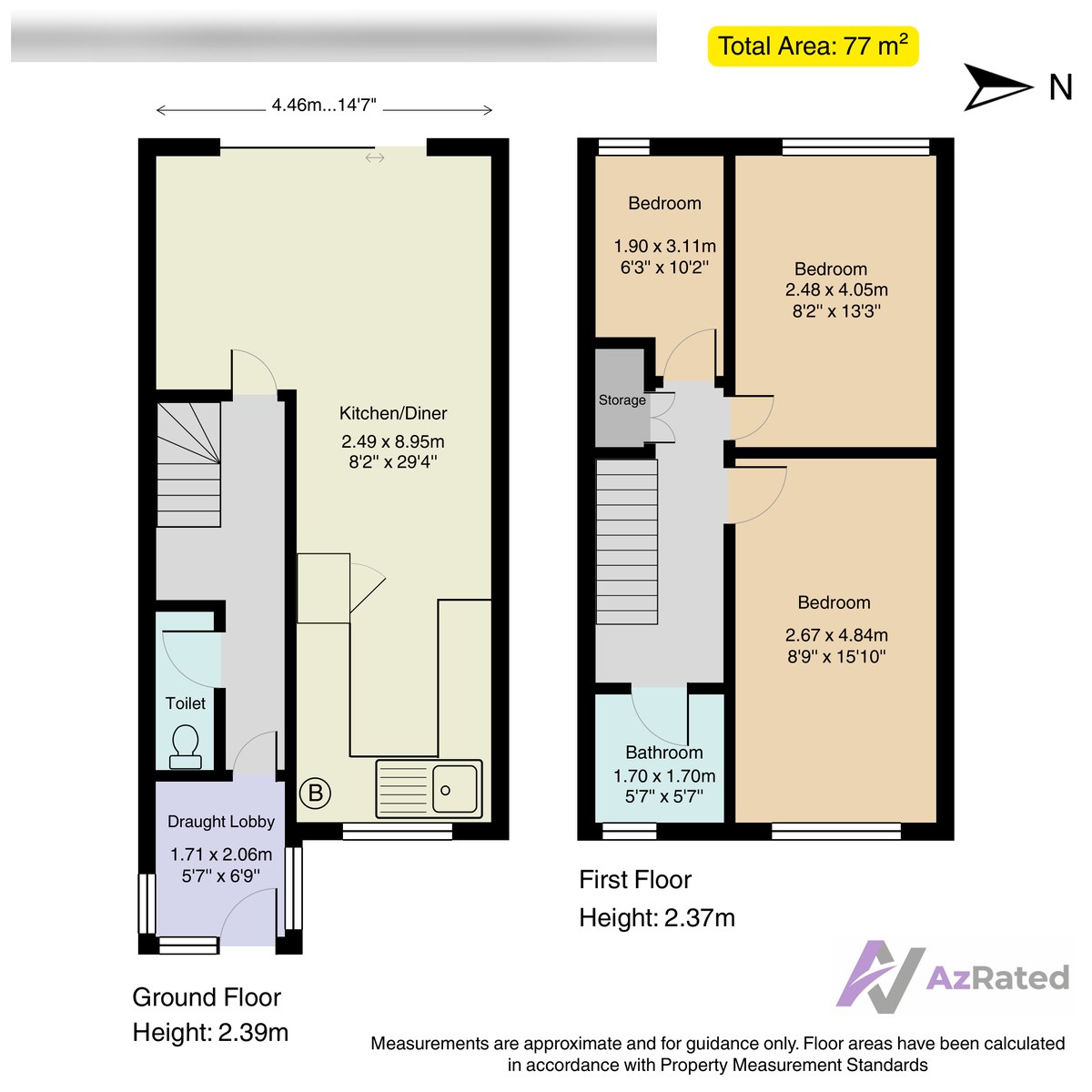 Floor plan of a three-bedroom home over ground and first floors, showing room names, dimensions in metres and feet, ceiling heights of 2.39m and 2.37m, a total area of 77 square metres, a compass and AzRated branding